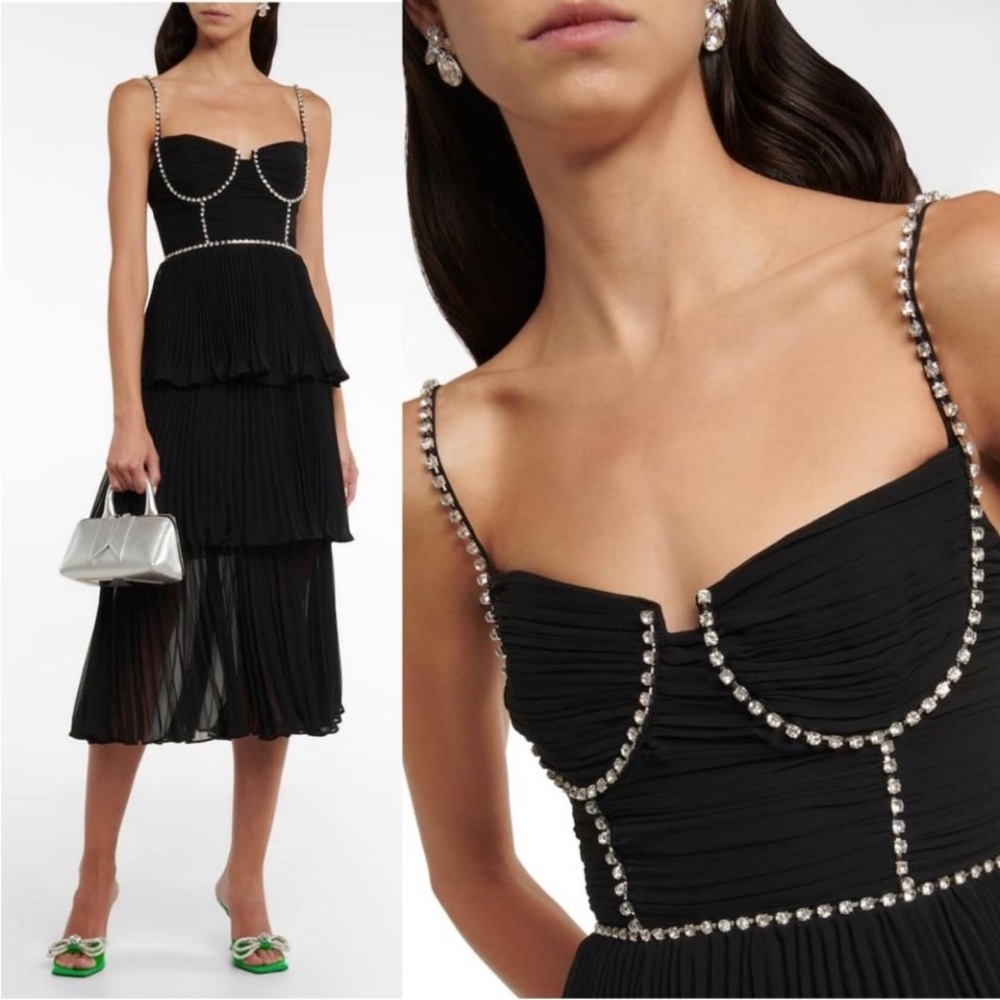 Self-Portrait black pleated diamante crystal bustier tiered midi chiffon dress 6 - Picture 4 of 14